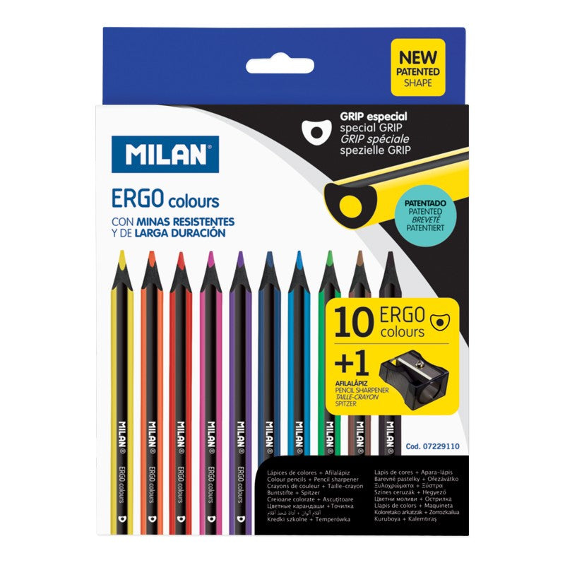 Milan 10 ERGO Black Wood Coloured Pencils + Sharpener - The Journal Shop