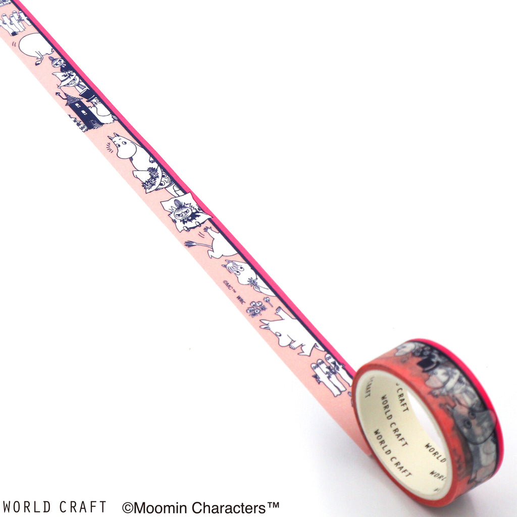 Roll of Moomin Striped Pink Masking Tape unwound to show playful Moomin characters peeking out.
