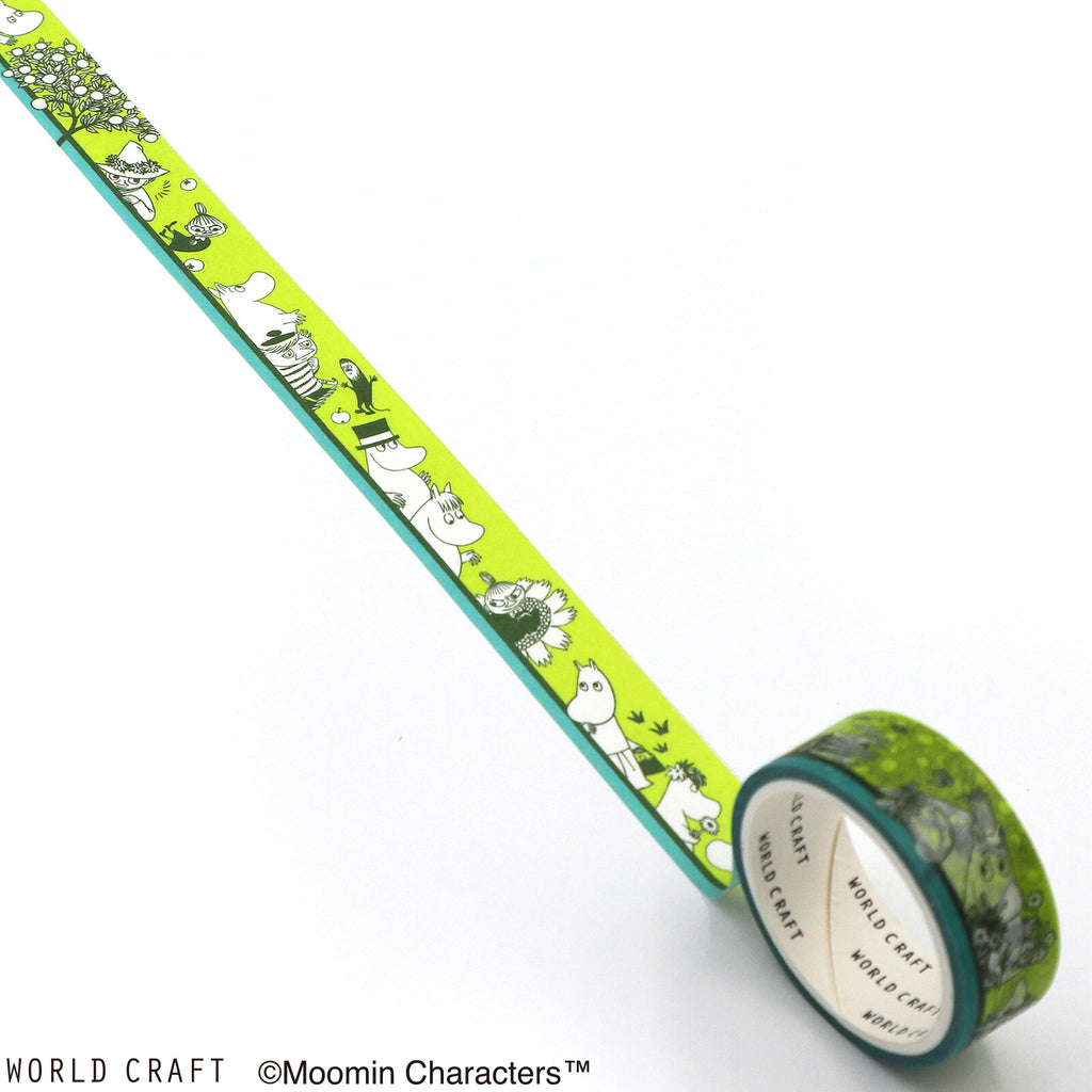 Unrolled view of Moomin Border Green Masking Tape showcasing Moomin characters peeking through greenery.
