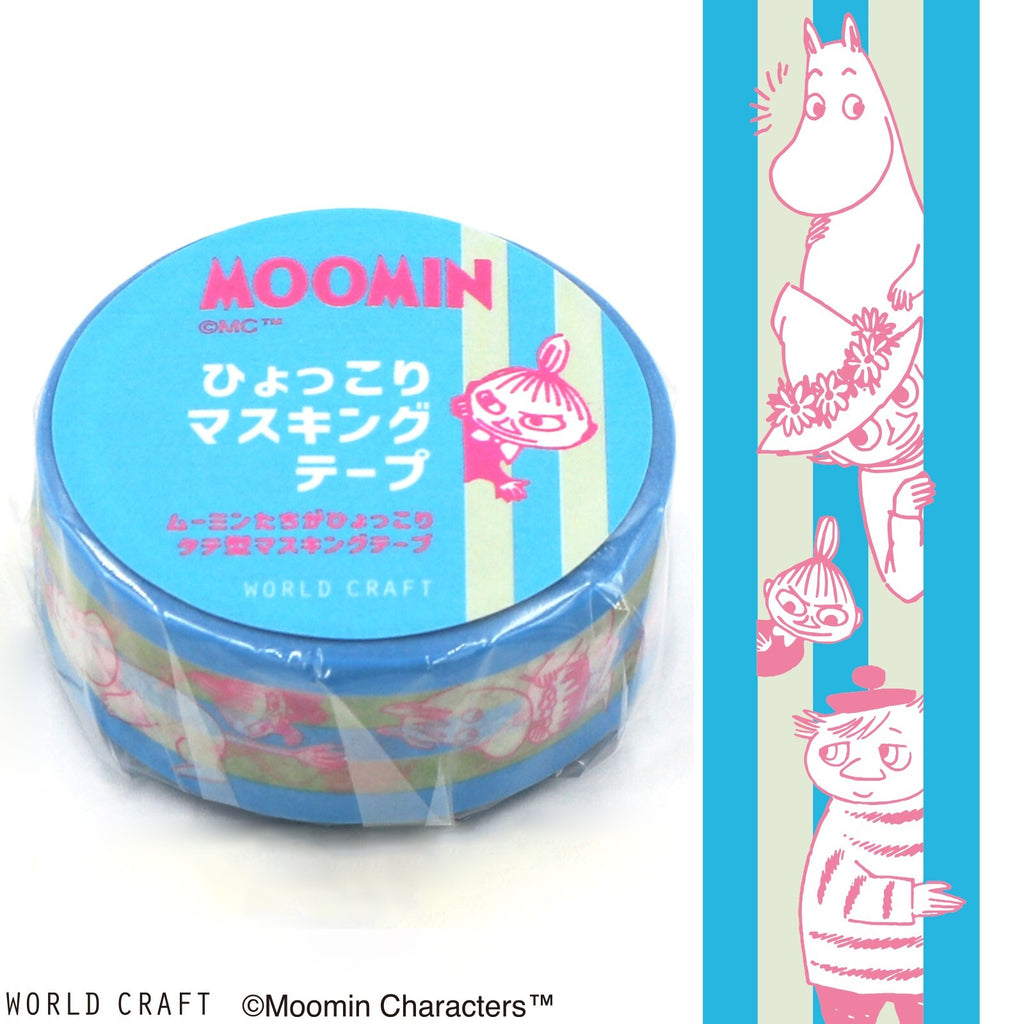 Close-up of Worldcraft Moomin Masking Tape Striped Blue packaging with Moomin and friends illustration.
