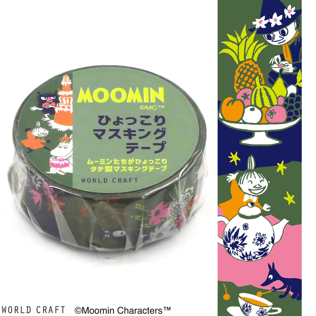 Worldcraft Moomin Masking Tape Cake Green packaging with illustrations of Moomin characters and cakes.
