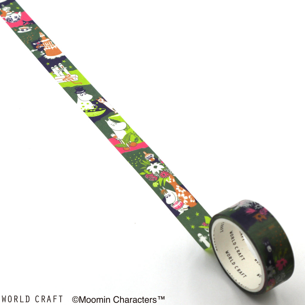 Unrolled view of Cake Green Moomin Masking Tape showing Moomin characters, cakes, and floral details on a green background.
