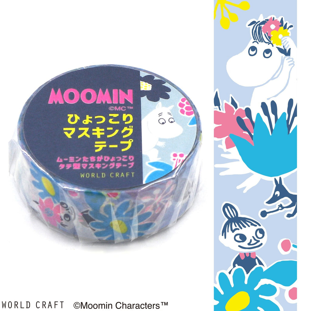 Worldcraft Moomin Masking Tape Flower Blue packaging with Moomin characters and colourful floral motifs.
