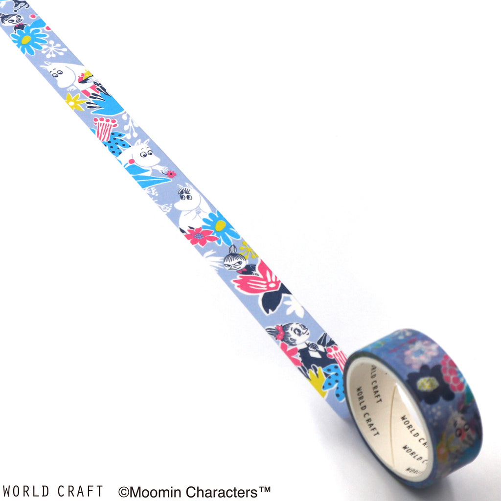 Unrolled view of Flower Blue Moomin Masking Tape showcasing Moomin characters with pink, blue, and yellow flowers.
