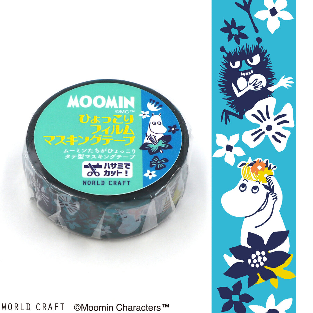 Close-up of Moomin Film Clear Tape Flower LG, showing vibrant floral and Moomin character designs on a transparent background.
