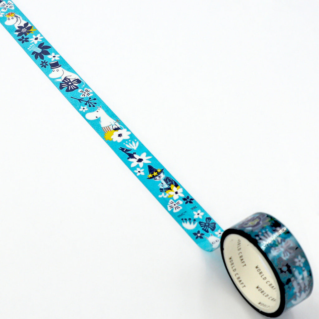 Moomin Flower LG Film Clear Tape unrolled, displaying playful Moomin characters with floral accents in blue, green, and white.
