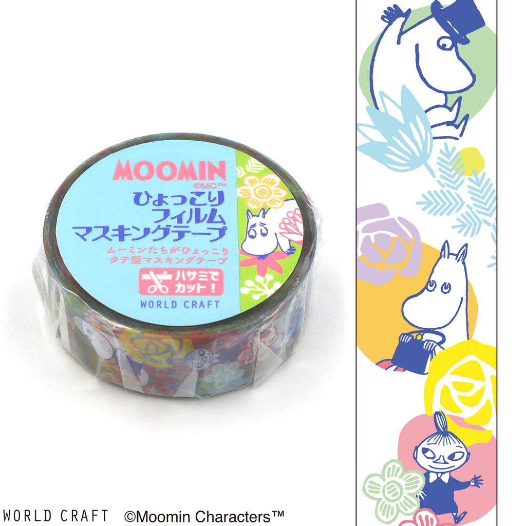 Close-up of Moomin Film Clear Tape Flower CL showing Moomin characters peeking from a floral background on transparent tape.
