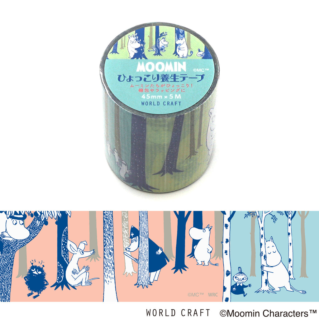 Close-up of Moomin Curing Tape roll, showcasing characters peeking out from tree illustrations with a water-resistant finish.
