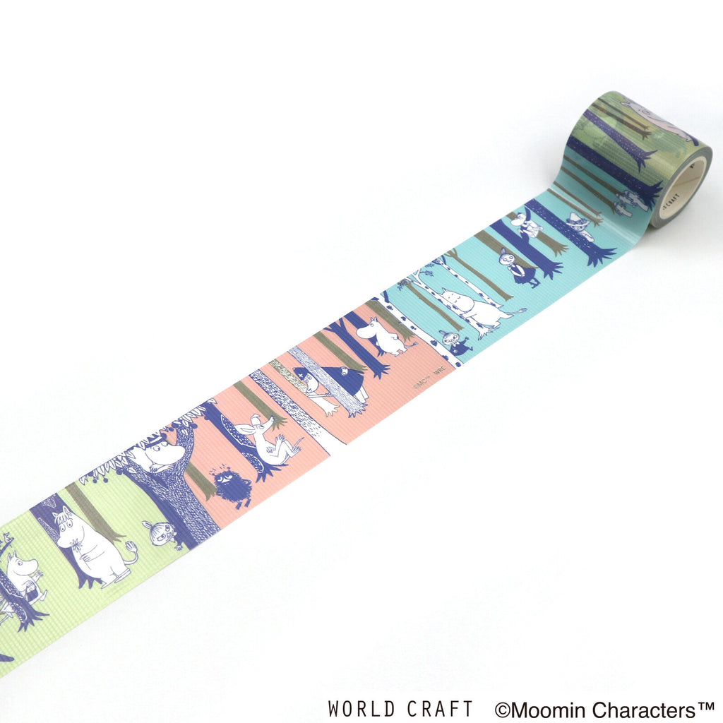 Unrolled Moomin Curing Tape Forest showing full design with colourful trees and Moomin characters on pastel backgrounds.
