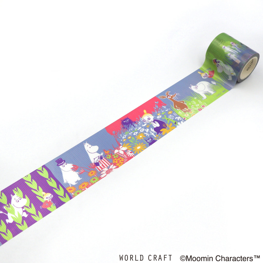 Roll of Moomin Curing Tape unrolled to display the full grassland pattern with vibrant colours and Moomin characters.
