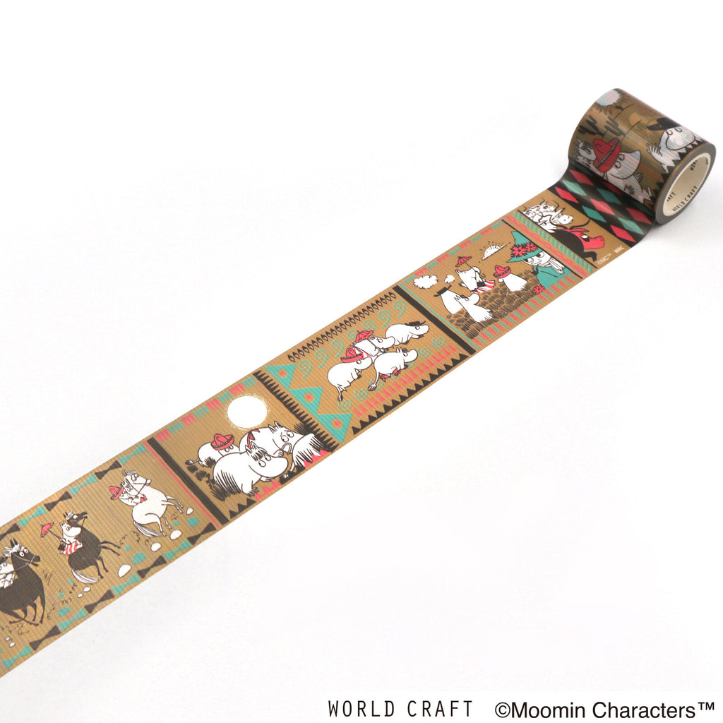 Unrolled Moomin Curing Tape showing detailed outdoor scenes with Moomins set against earthy tones.
