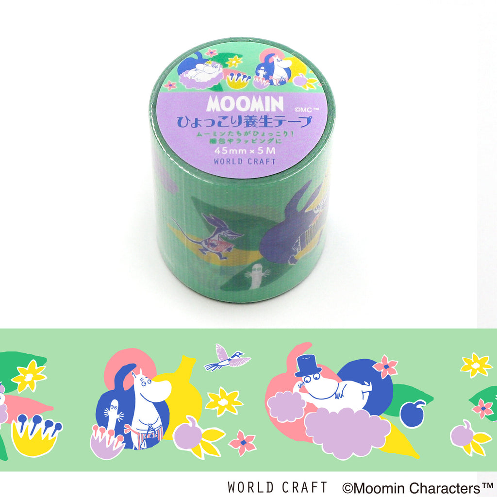 Moomin Curing Tape roll in Cloud design, showing colourful Moomin scenes against a sky-blue background.
