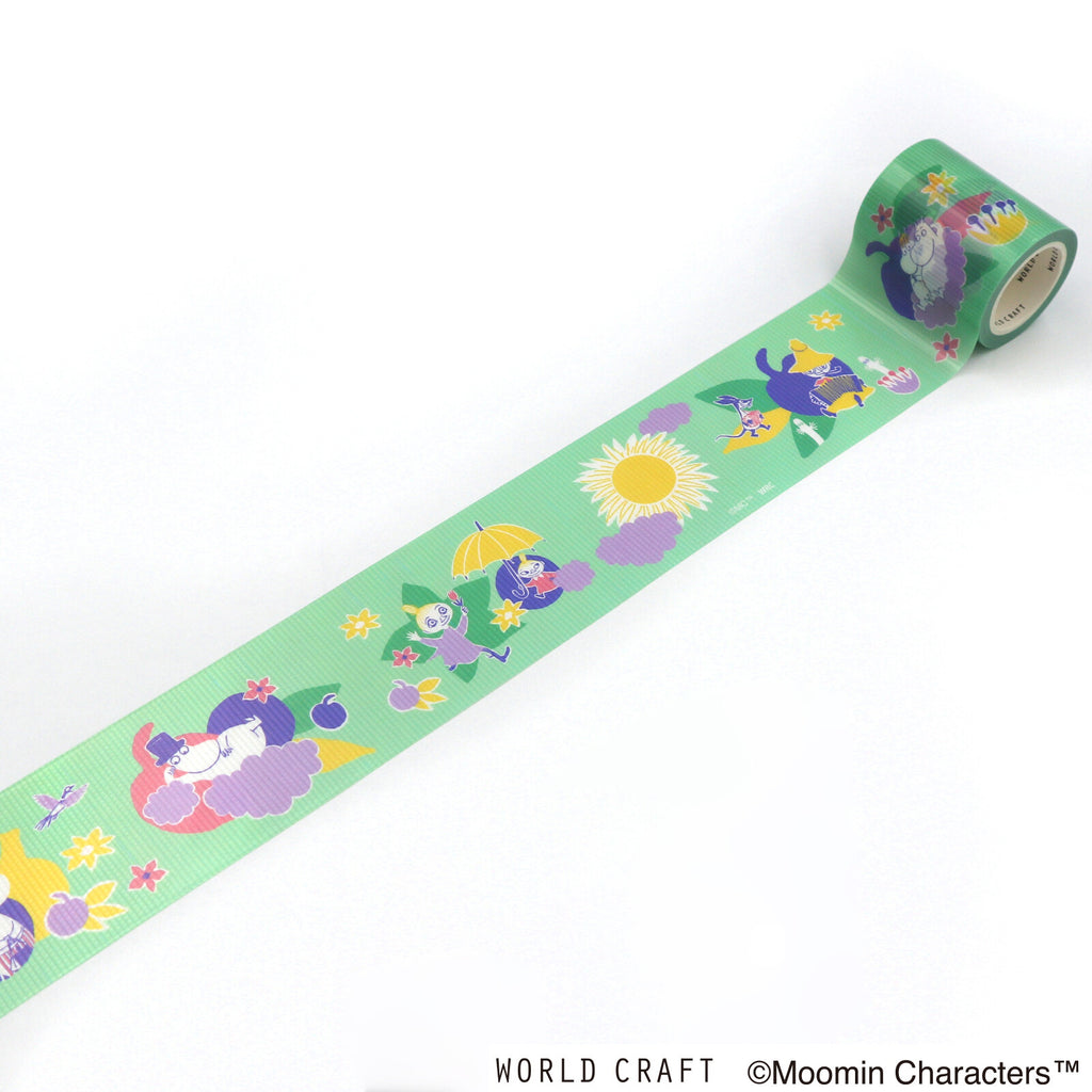 Unrolled Moomin Curing Tape showcasing cheerful illustrations of Moomin characters and clouds.
