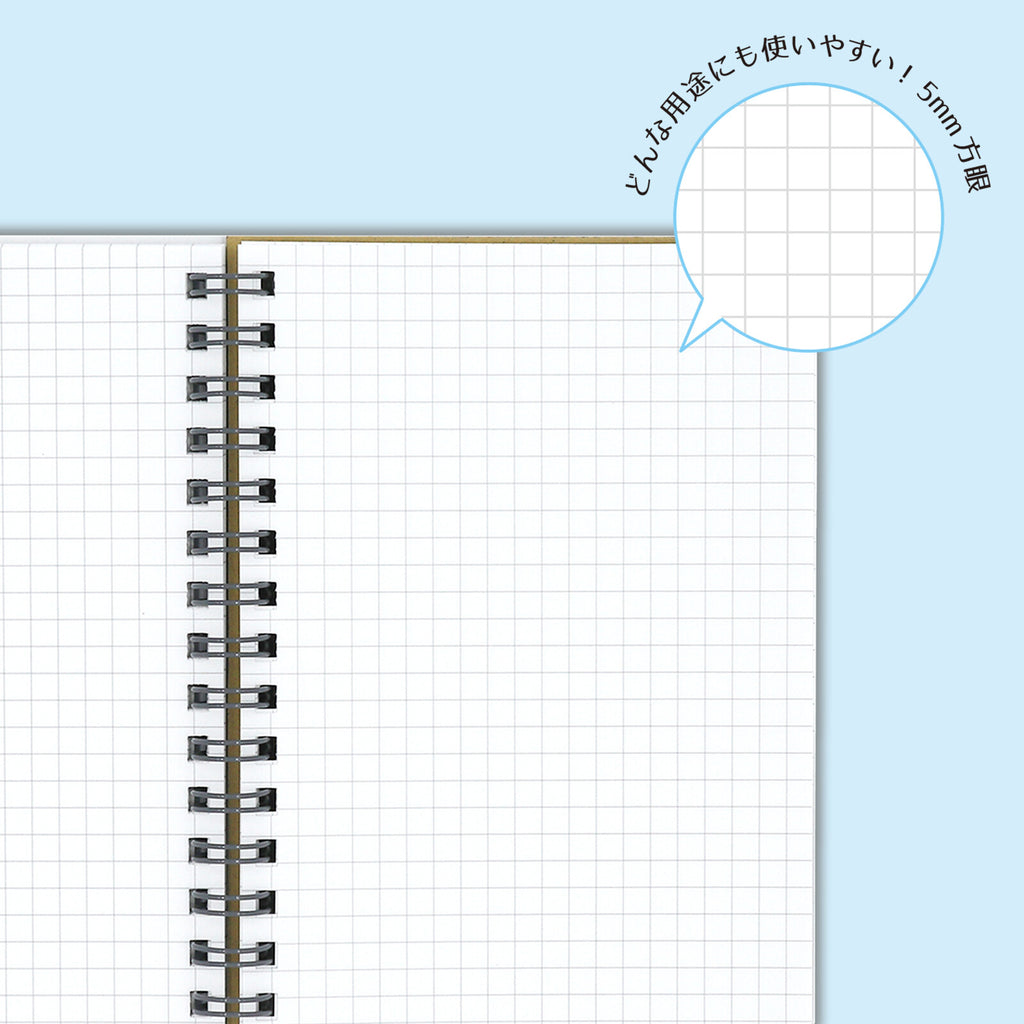 Close-up of the notebook's 5mm grid paper, sturdy binding and elastic band.
