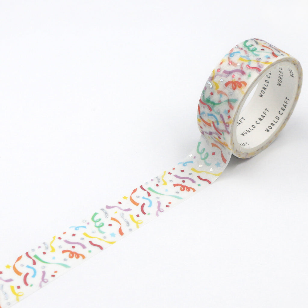 Unrolled glitter masking tape showing vibrant confetti pattern.
