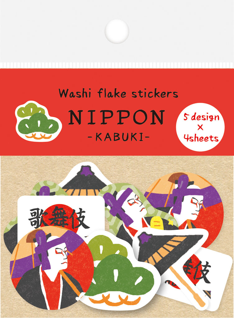 Kabuki-themed washi stickers showcasing actors and colourful masks
