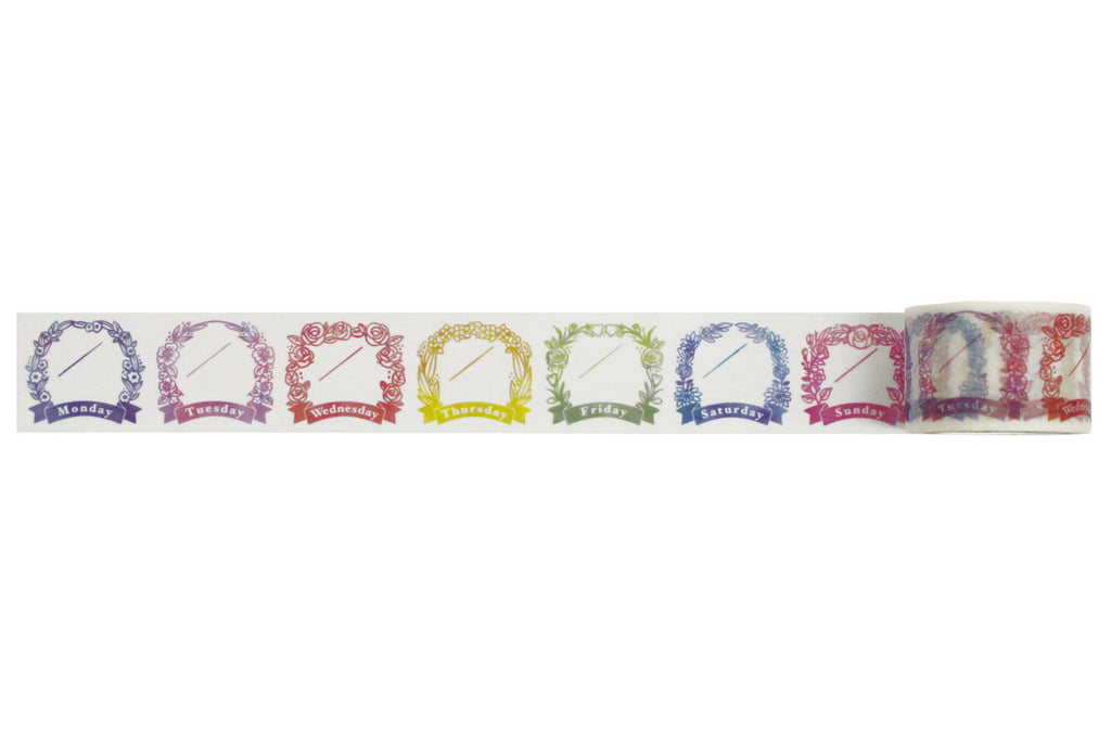 Unrolled tape showing floral wreath designs for each day of the week from Monday to Sunday, in various colours.
