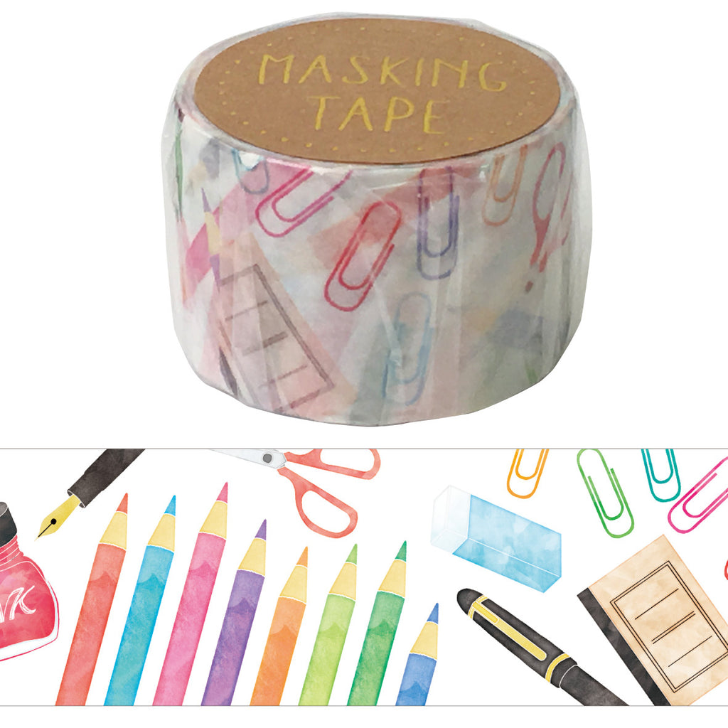 Roll of World Craft Stationery Essentials Masking Tape featuring illustrations of various stationery items like pencils, paperclips, and scissors.
