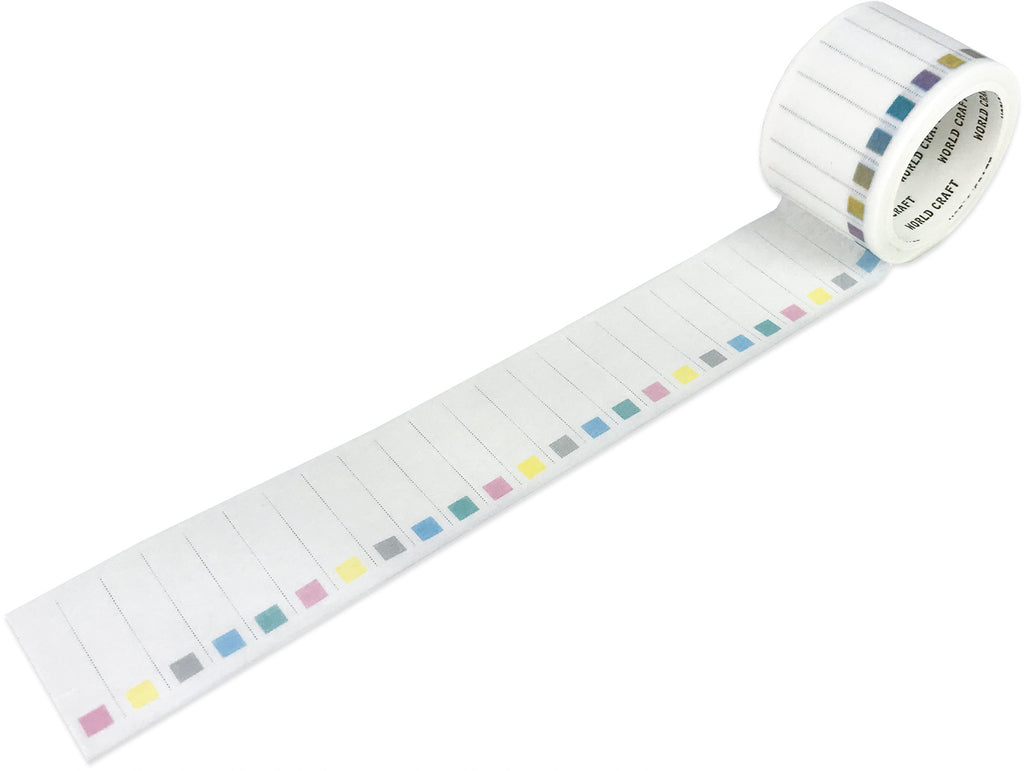 Unrolled tape with neatly spaced vertical lines and pastel squares in shades of yellow, pink, blue, and grey