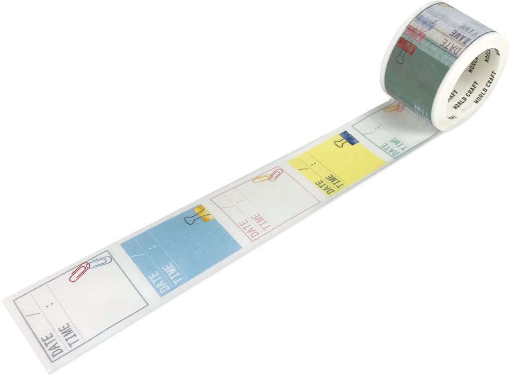 Unrolled tape with memo boxes in pastel colours, featuring 'Date' and 'Time' spaces and stationery illustrations