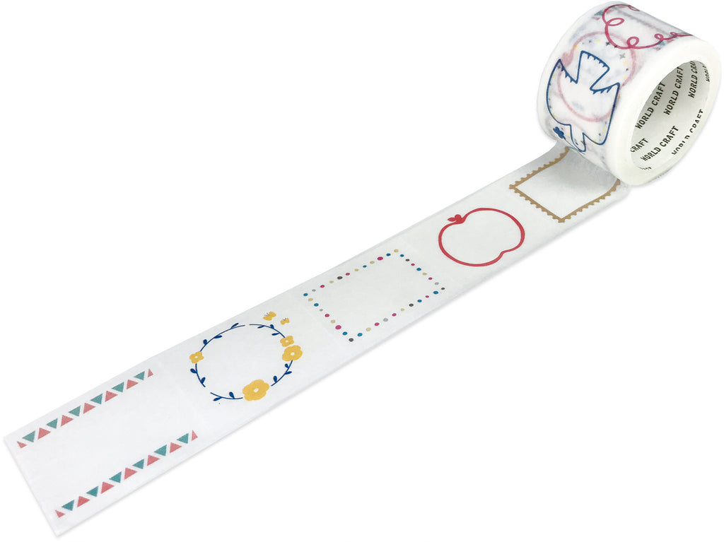 Unrolled tape showing frame designs such as dots, floral wreaths, and icons like an apple and dove