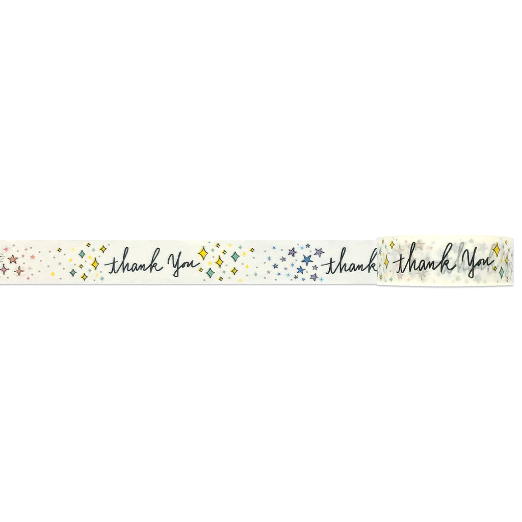 Unrolled World Craft "Thank You" Masking Tape showing repeated "thank you" message surrounded by colourful stars.
