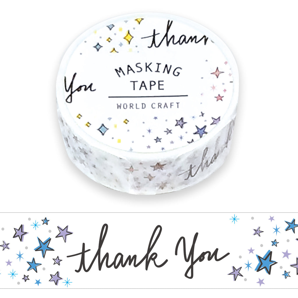 Roll of World Craft "Thank You" Masking Tape featuring handwritten script with star and sparkle accents.
