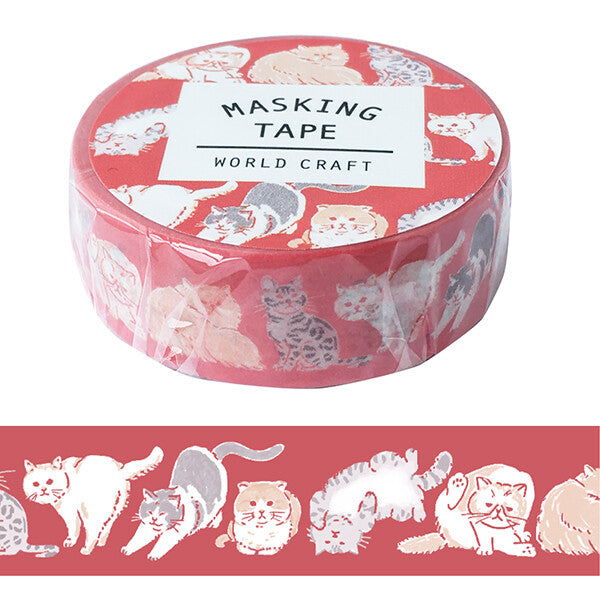 Roll of World Craft Cat Masking Tape with multiple cat illustrations on a red background.
