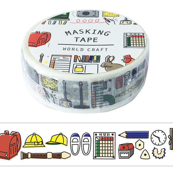 Roll of World Craft School Supplies Masking Tape with illustrated school items and animals on a white background.
