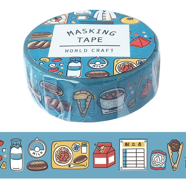 Roll of World Craft Food & Kitchen Masking Tape featuring food and kitchen illustrations on a blue background.
