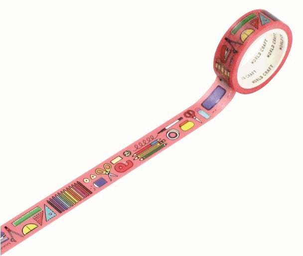 Unrolled World Craft Stationery Essentials Masking Tape showing pencils, rulers, scissors, and other stationery icons on a pink background.
