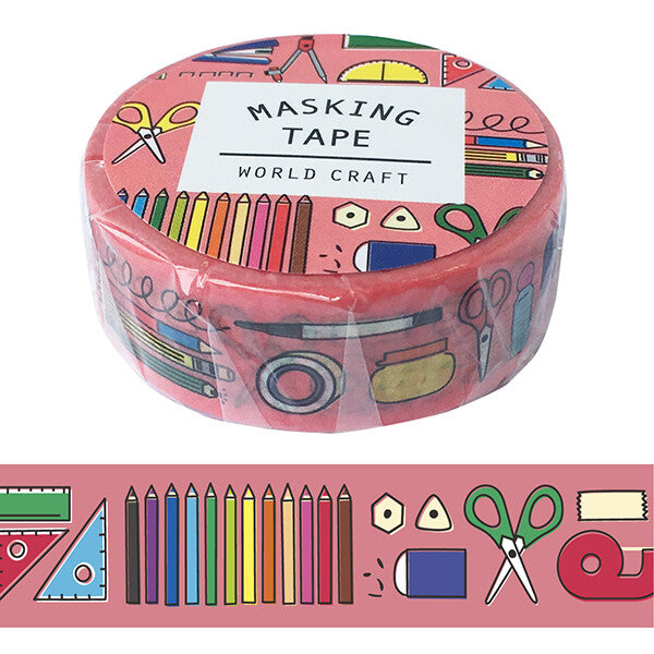 Roll of World Craft Stationery Essentials Masking Tape featuring colourful stationery illustrations on a pink background.
