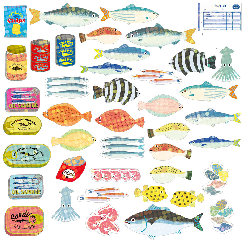 Fun and detailed sea creature stickers laid out, featuring various fish and seafood products
