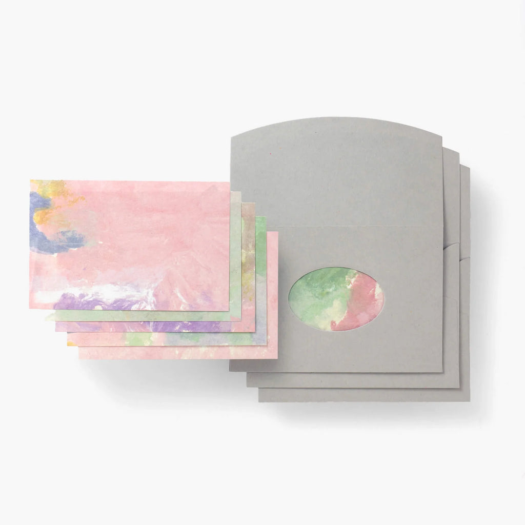 Complete Kakimori mini message set with six sheets and three envelopes showcasing Chika Higashi’s 'Pool' pastel artwork.