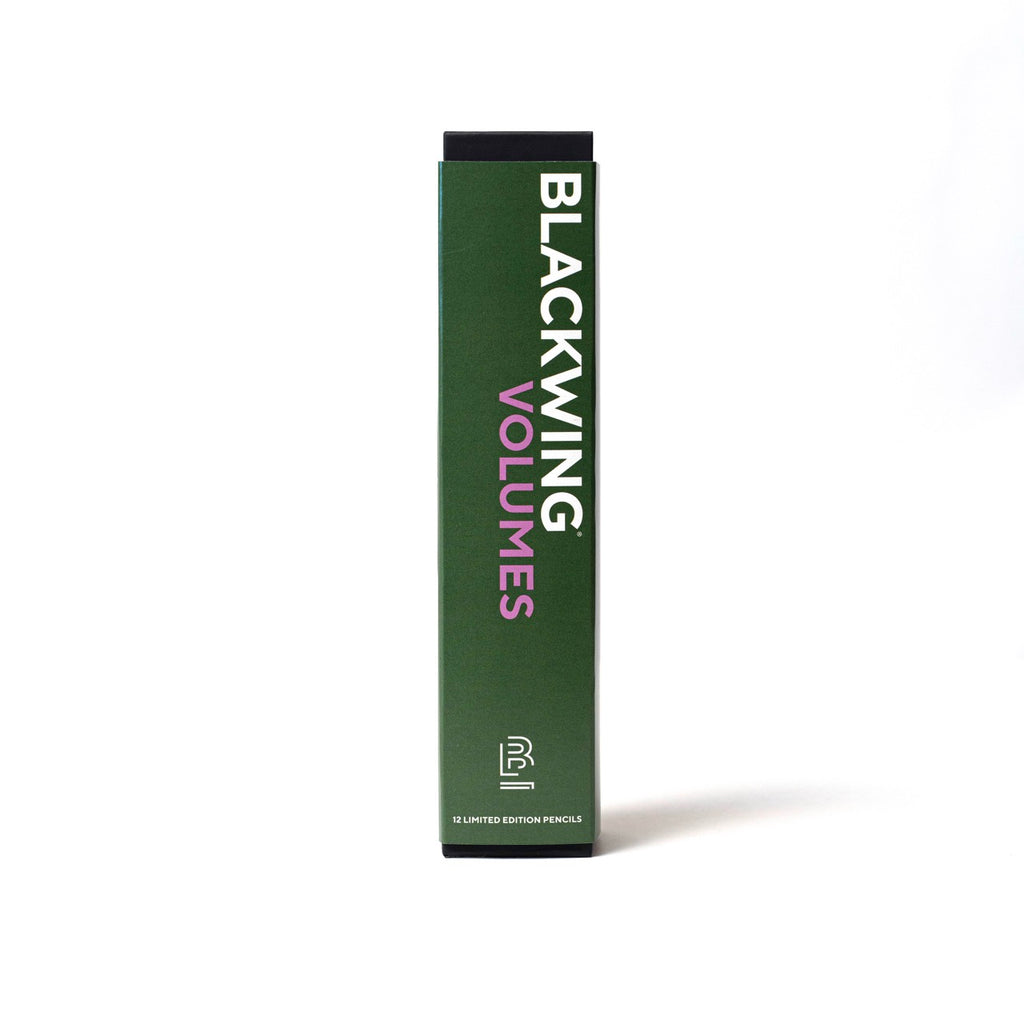 Blackwing Volume XIX pencil box in green with “Volumes” branding.
