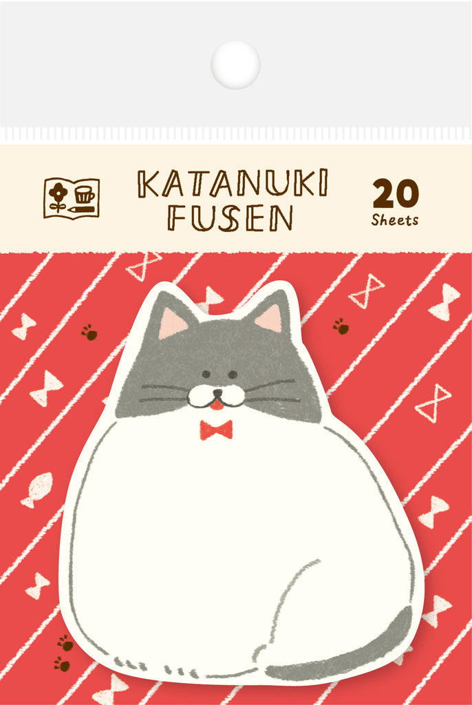 Furukawa Katanuki Fusen sticky notes featuring a plump grey and white cat with a bow tie.
