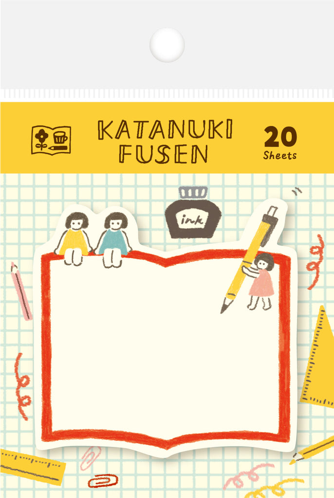 Furukawa Katanuki Fusen sticky notes featuring an open book design with charming illustrations.
