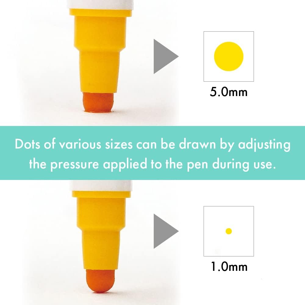 Close-up of yellow dot tip creating different-sized dots with varied pressure.
