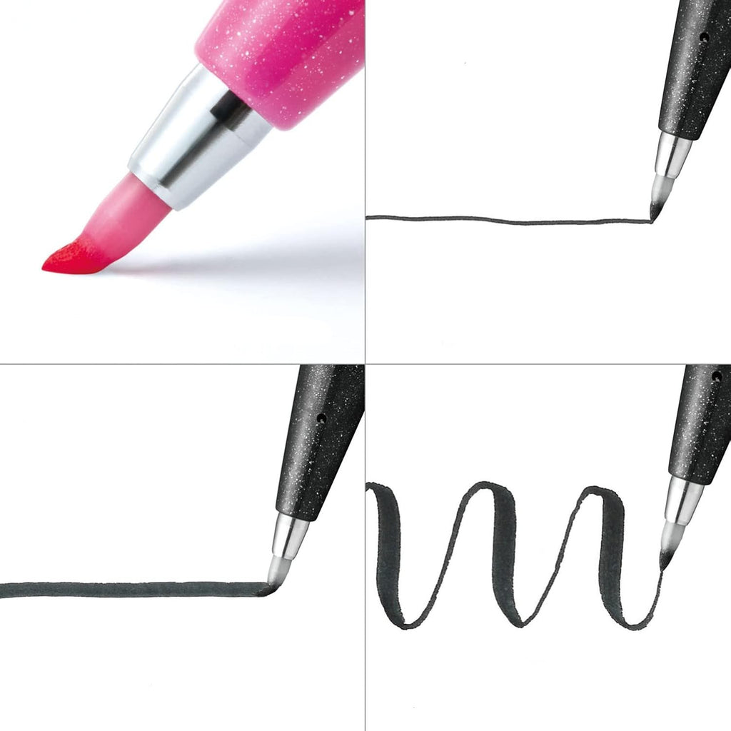 Close-up of Pentel Touch Brush Sign Pen tips demonstrating fine and bold strokes.
