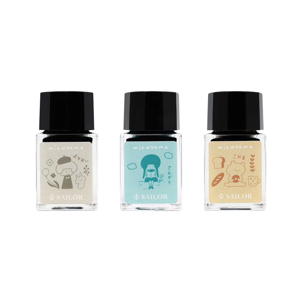 Three 10ml ink bottles with mizutama’s illustrated labels in beige, blue, and orange.