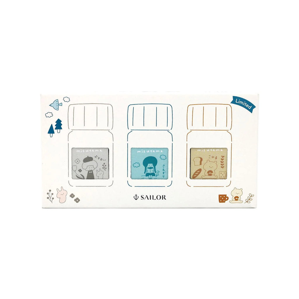 Sailor Mizutama ink set packaging with three compact bottles inside.
