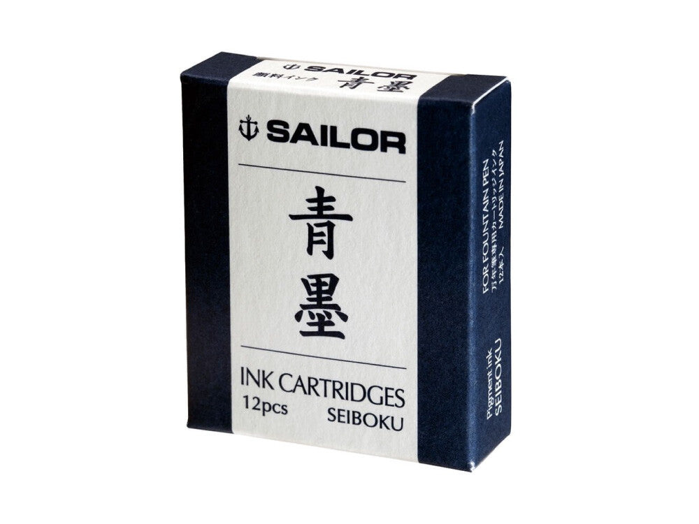 Seiboku ink cartridge packaging highlighting its oceanic blue-black theme.
